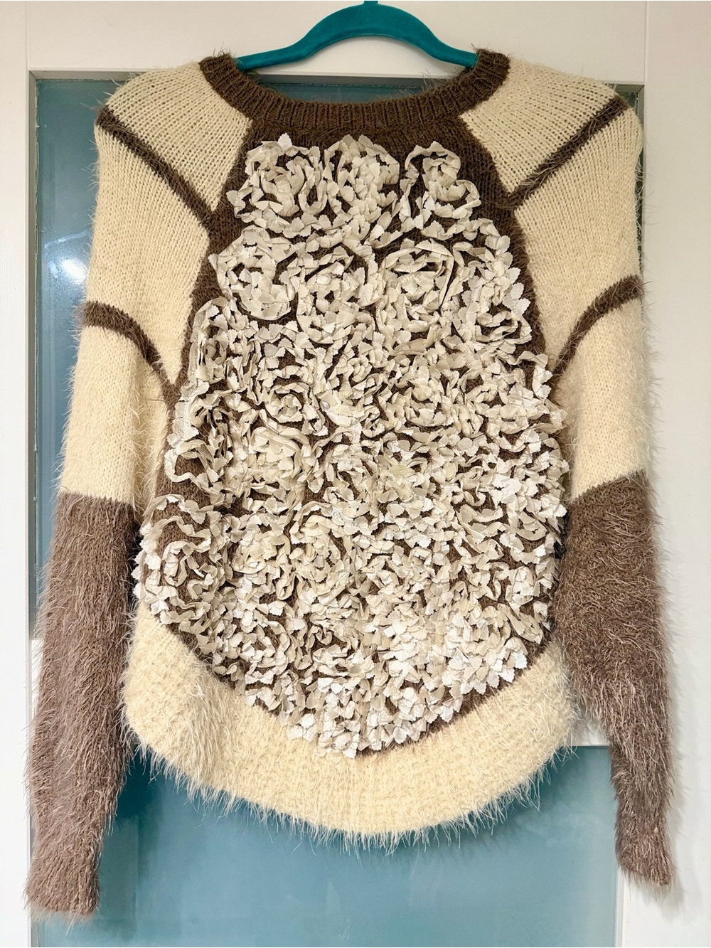 Cream and Brown Floral Appliqué Fuzzy Women's Sweater